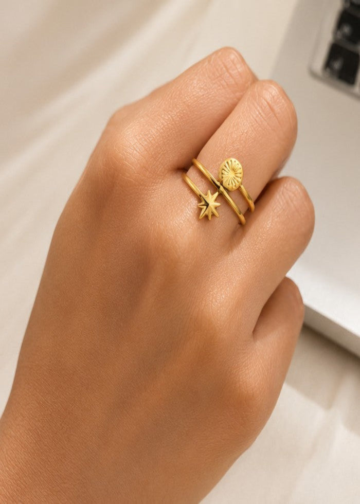 Minimalist Sun and Star Gold Ring