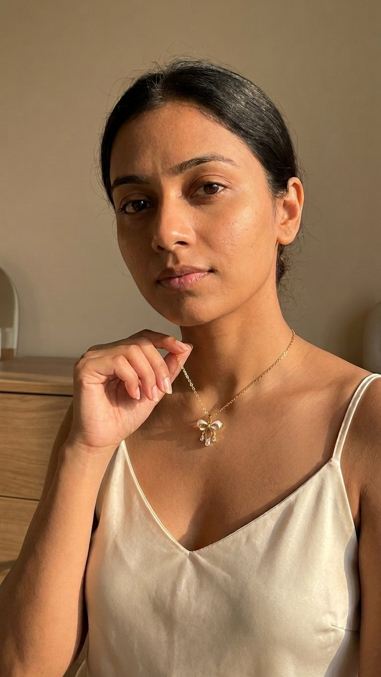 Golden Bow Pearl Drop Necklace
