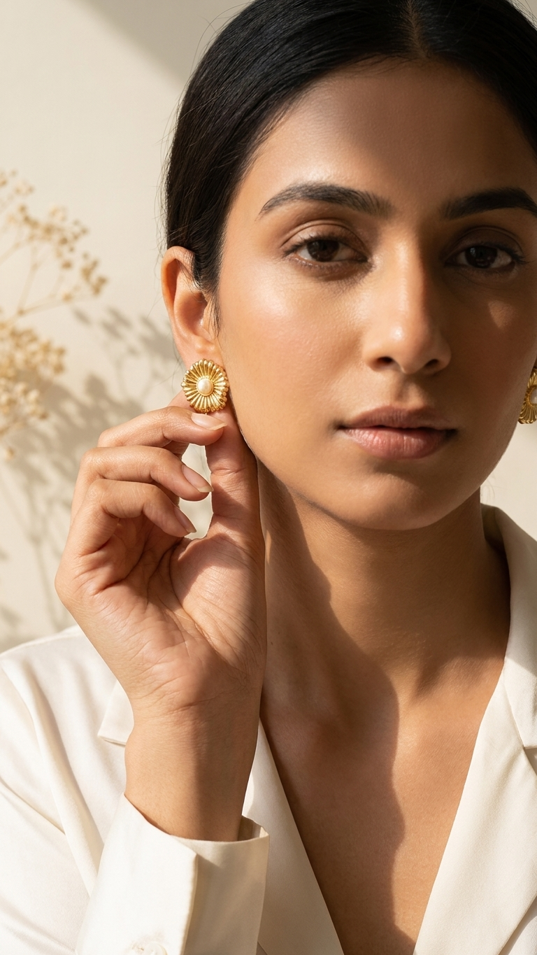 Golden Daisy Pearl Stud Earrings