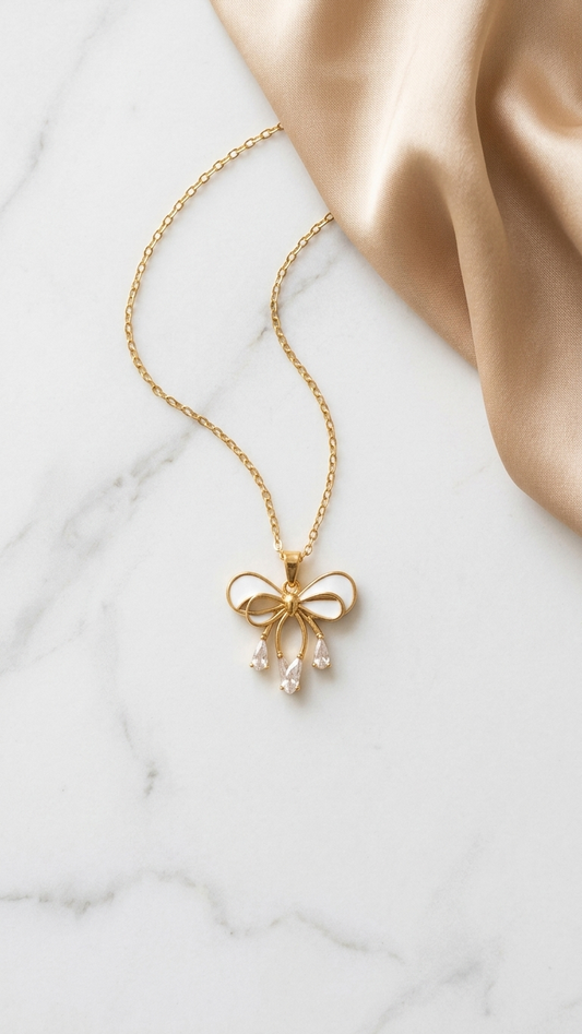 Golden Bow Pearl Drop Necklace