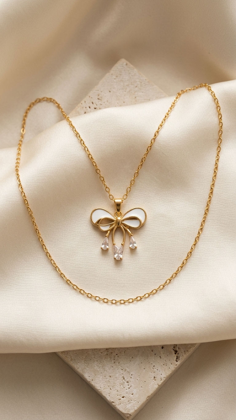 Golden Bow Pearl Drop Necklace