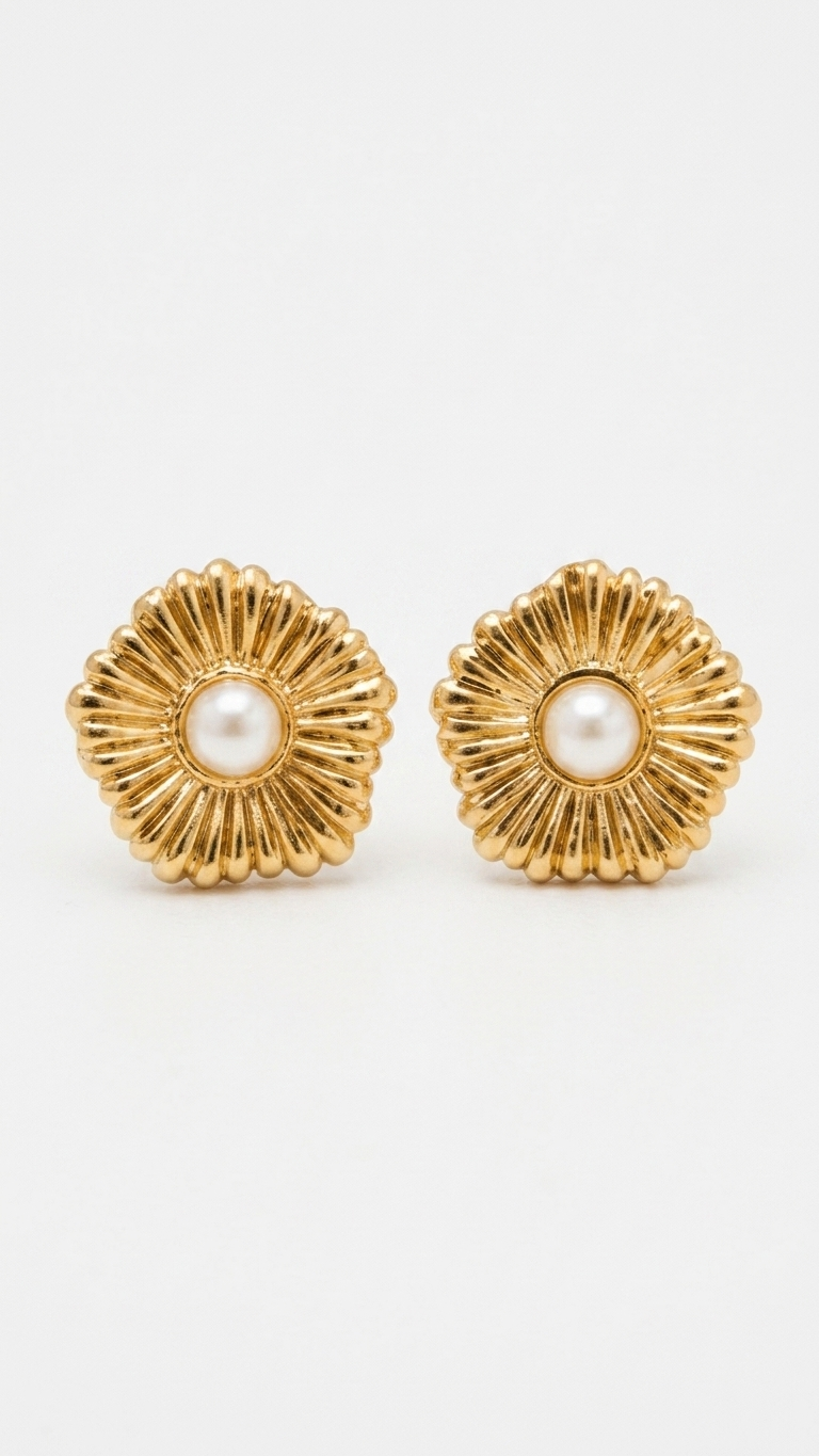 Golden Daisy Pearl Stud Earrings