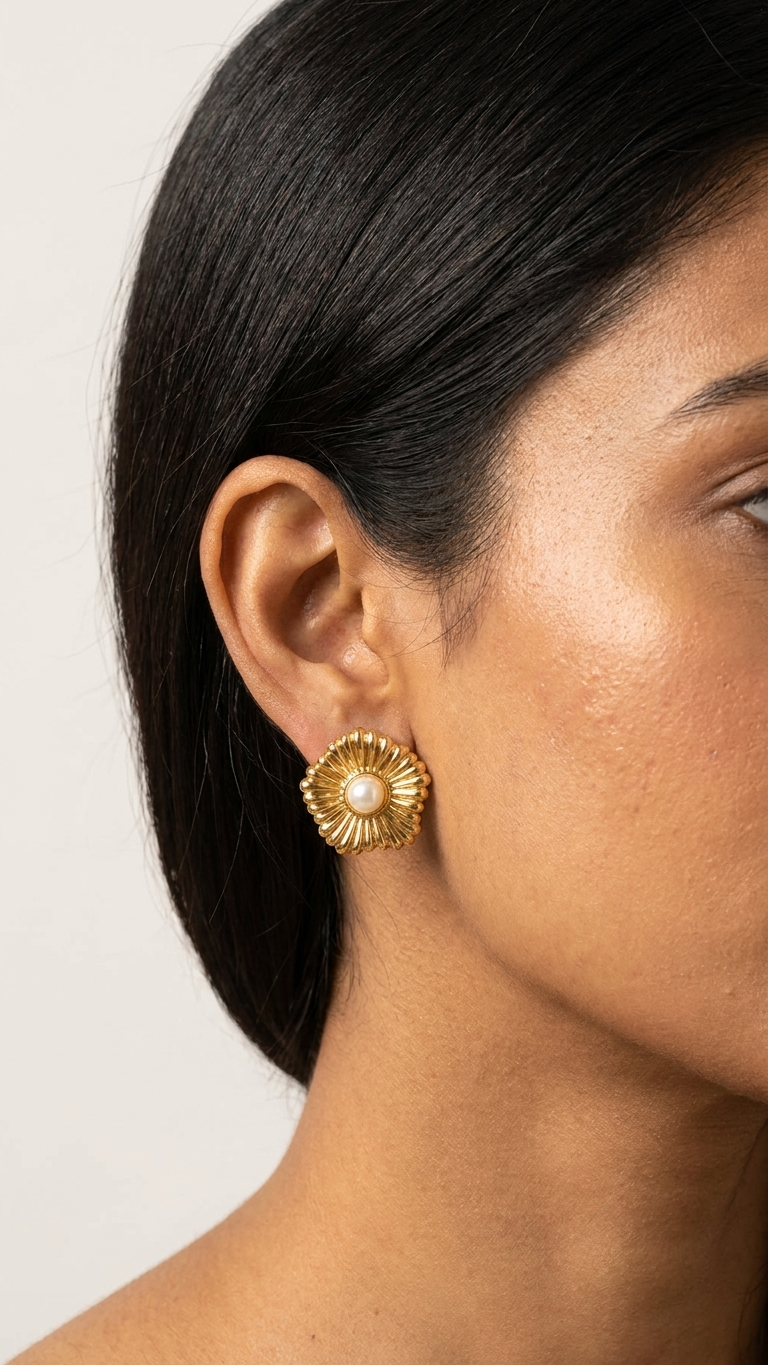 Golden Daisy Pearl Stud Earrings