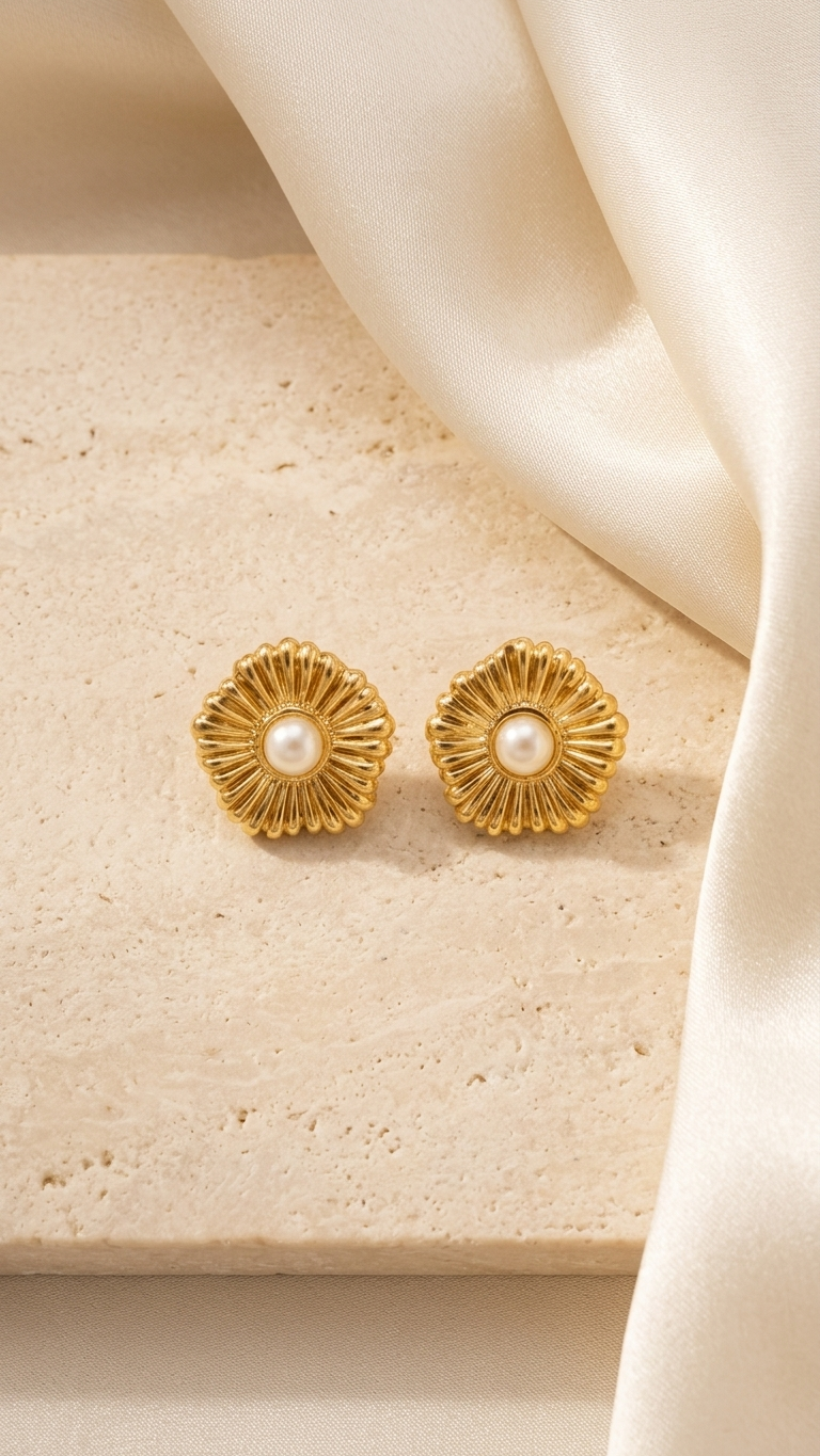 Golden Daisy Pearl Stud Earrings