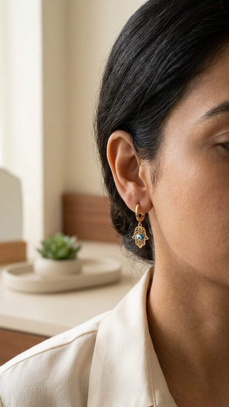 Evil Eye Hamsa Drop Hoop Earrings