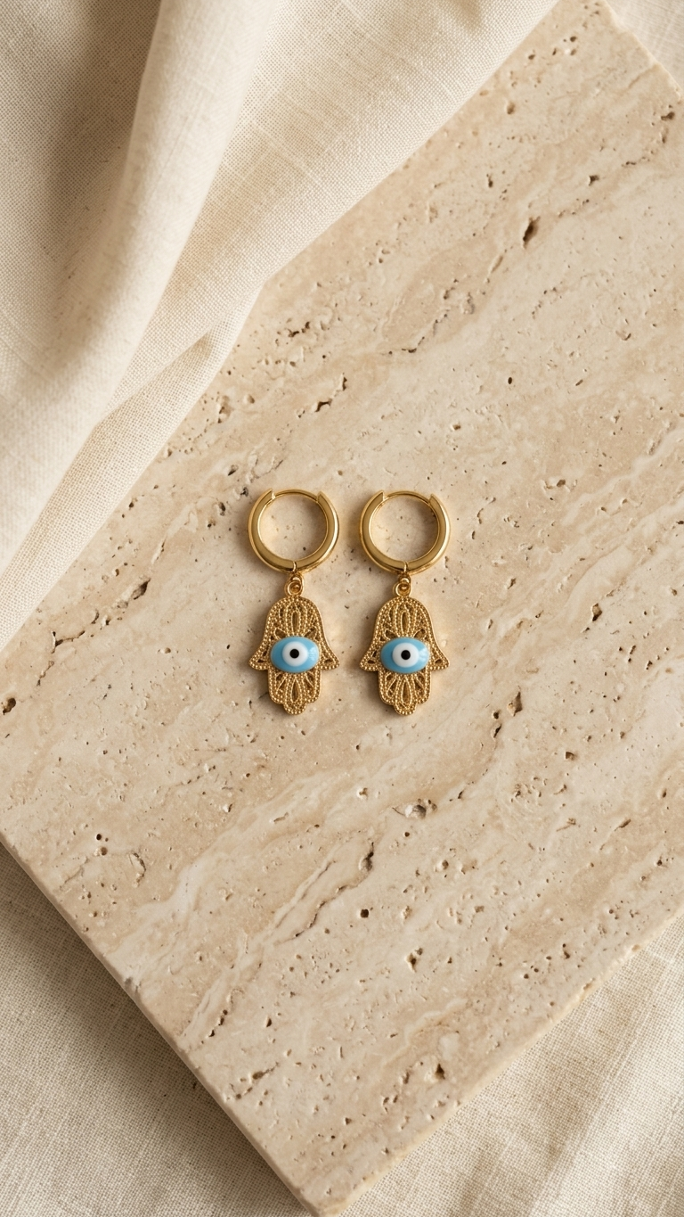 Evil Eye Hamsa Drop Hoop Earrings