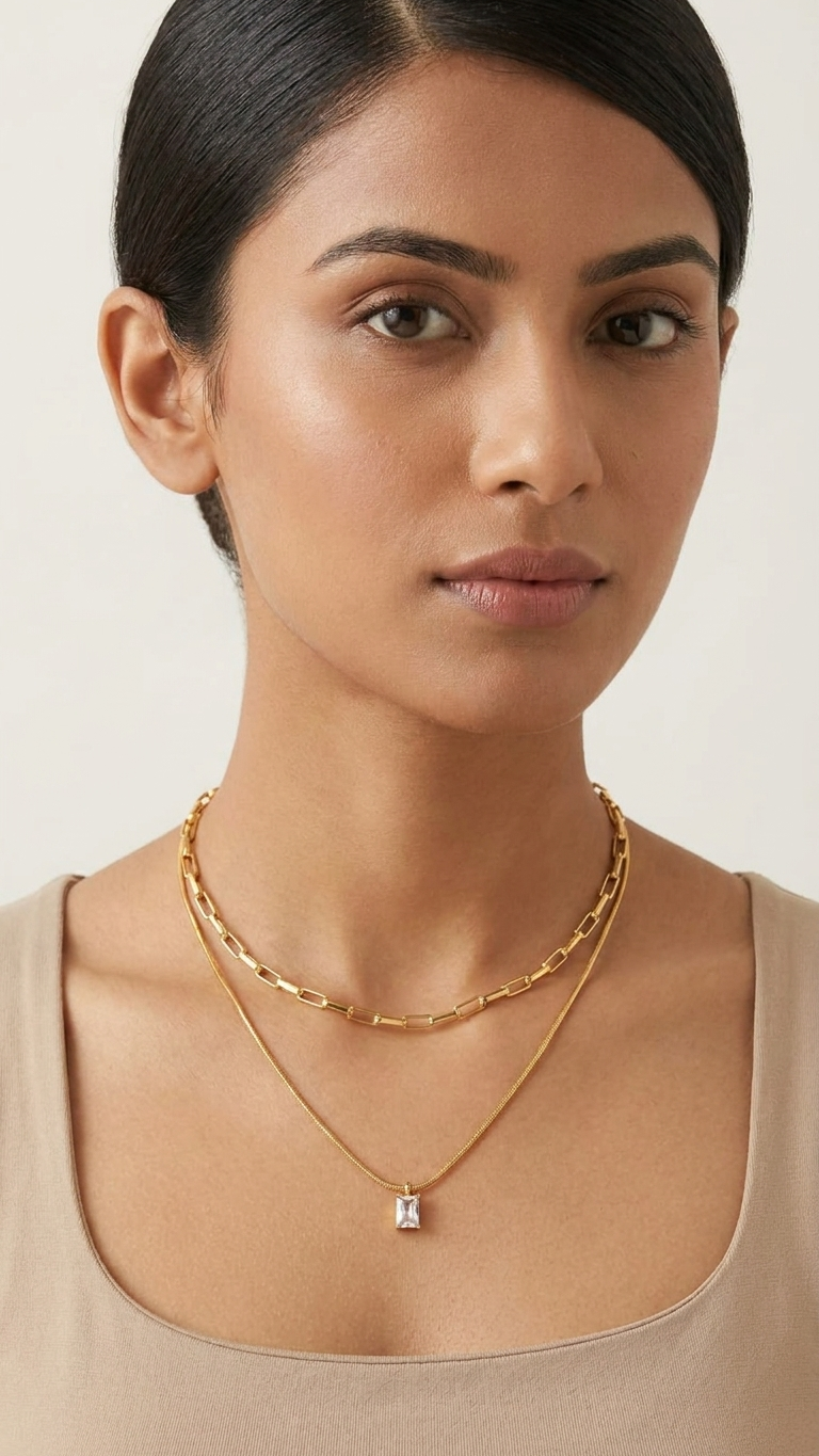 Dual Layer Baguette Crystal Pendant Necklace