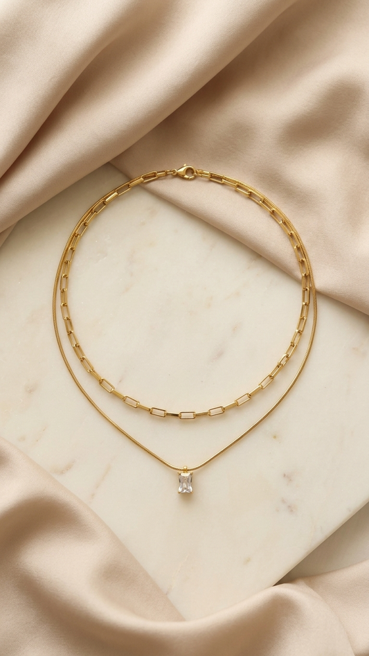 Dual Layer Baguette Crystal Pendant Necklace